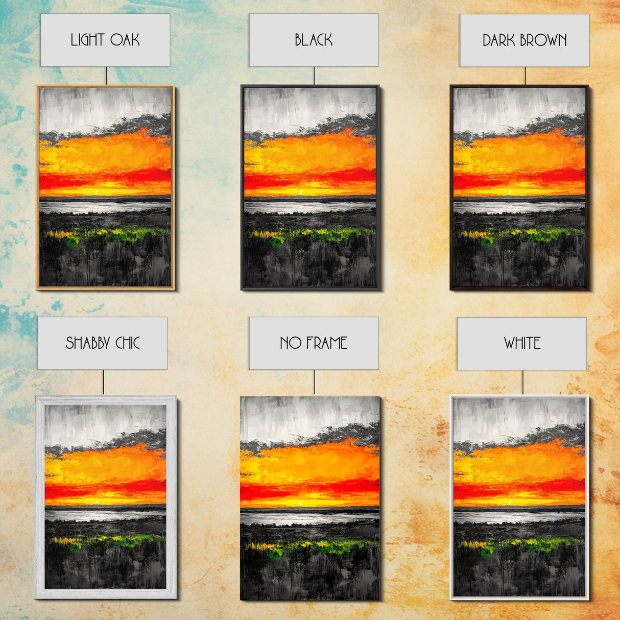 Fiery Sunset Glow, Dramatic Sky Painting, Vibrant Landscape Art, Living Room Decor, Bold Color Wall Art, Framed Canvas Print