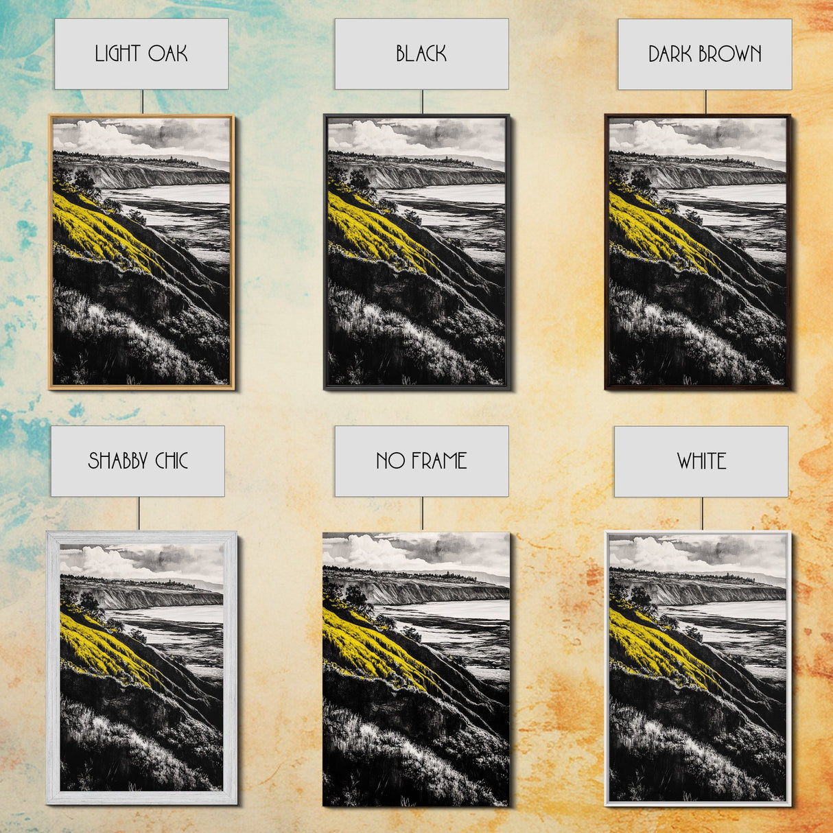 Cliffs, Ocean View, Framed Canvas Print, Coastal Landscape, Beach House Decor, Nature Wall Art, Black White Yellow Art, Scenic View