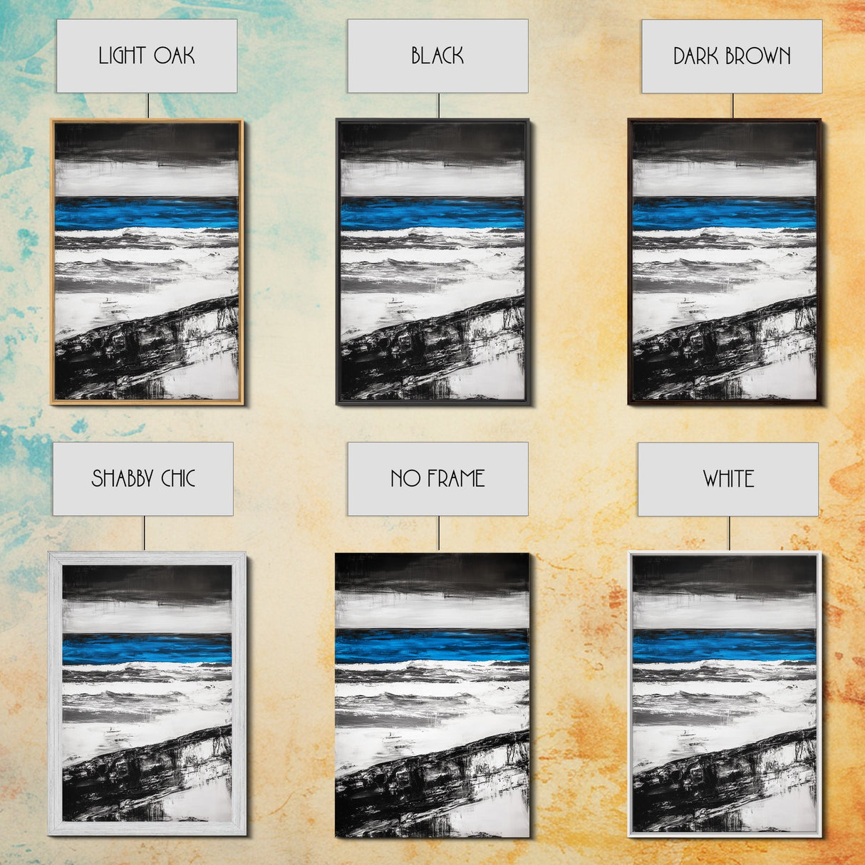 Ocean Horizon, Minimalist Seascape Painting, Black White and Blue Coastal Art, Framed Canvas Print, Modern Living Room or Office Wall Decor