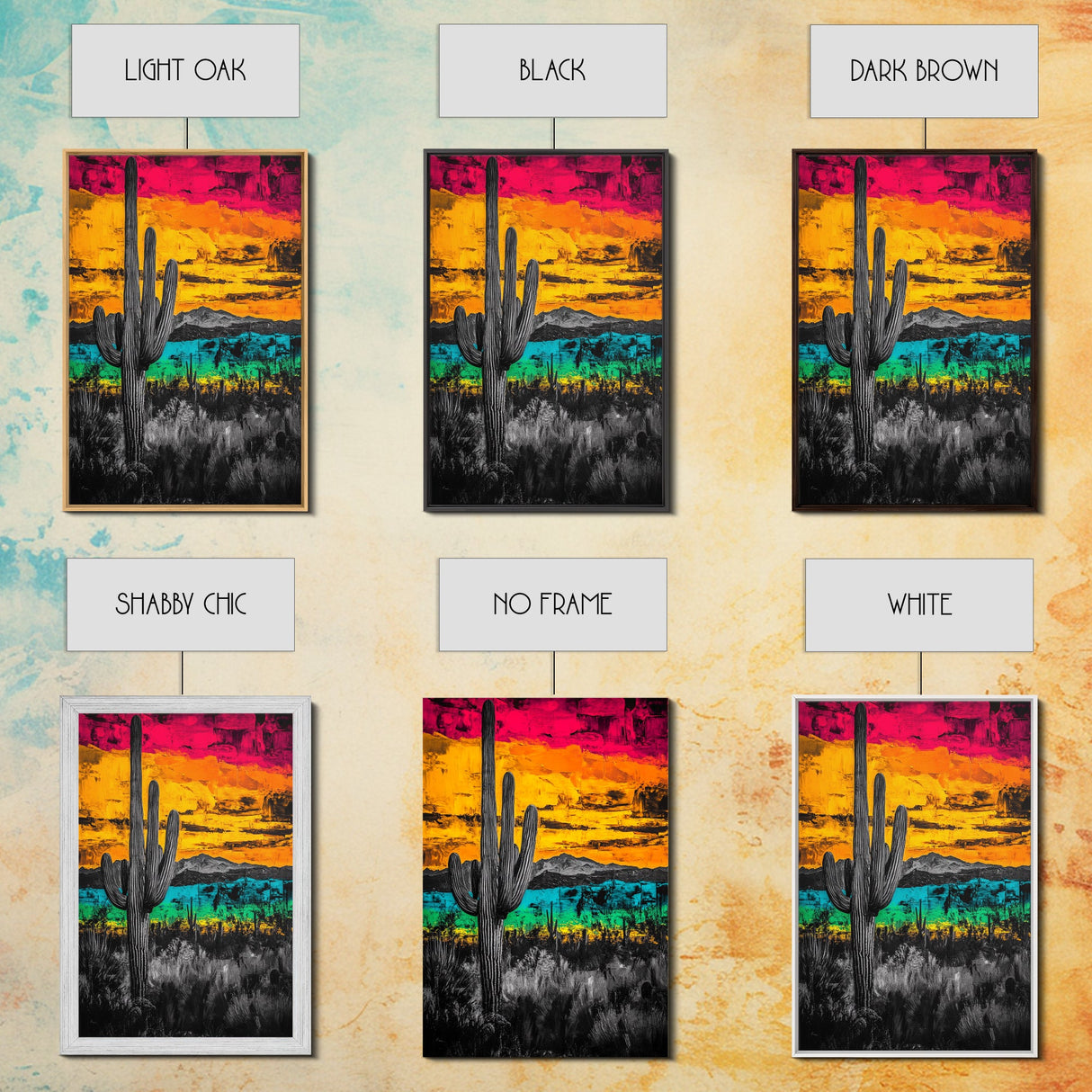Desert Cactus, Vibrant Sunset Southwest Painting, Bold Desert Art, Framed Canvas Print, Western Home or Office Wall Decor