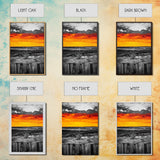 Sunset Landscape, Rustic Fence, Fiery Sky Art, Bold Color Wall Art, Abstract Nature Scene, Canvas Print, Boho Home Decor