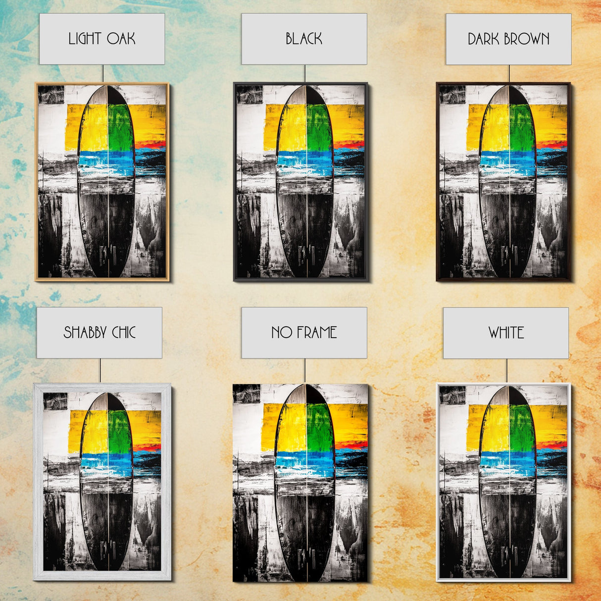 Abstract Surfboard, Colorful Beach Art, Modern Coastal Decor, Surfer Gift, Framed Canvas Print, Boho Wall Art, Bedroom Wall Art