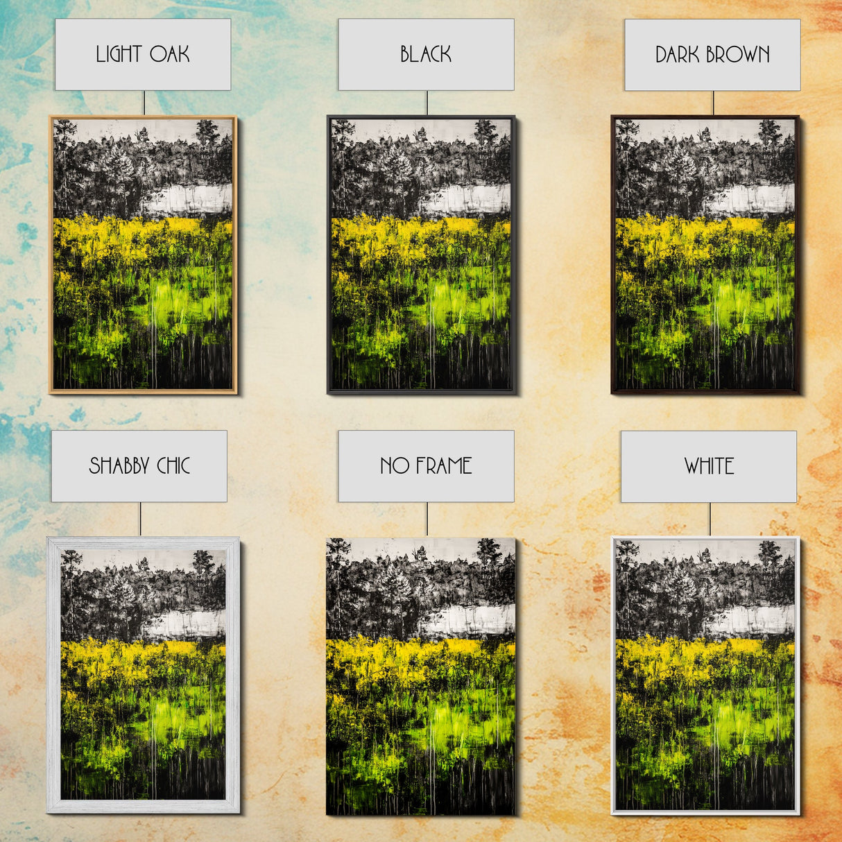 Wildflowers, Abstract Meadow, Colorful Landscape, Modern Wall Art, Framed Canvas Print, Boho Decor, Vibrant Nature, Yellow Green Art