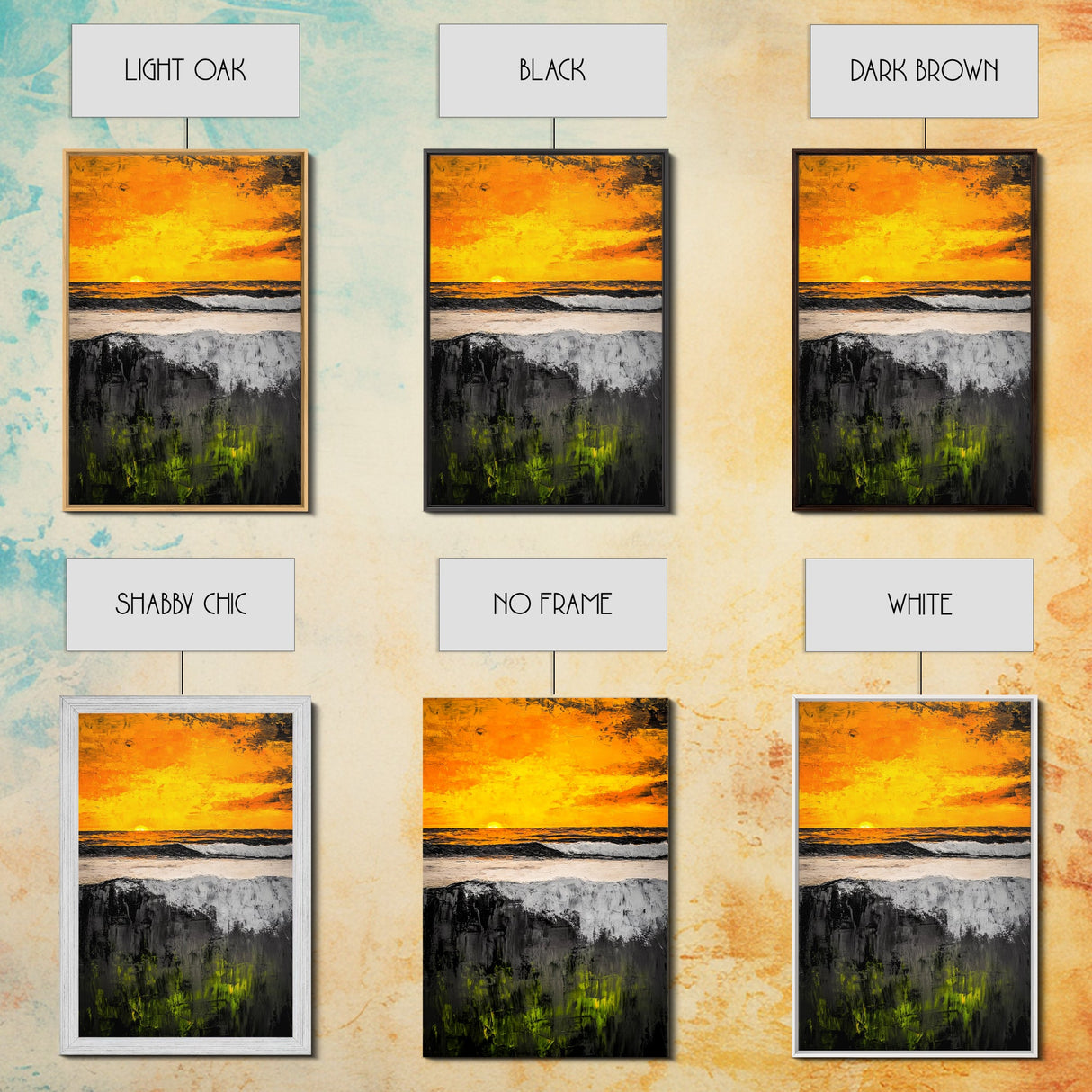 Fiery Sunset, Ocean Waves, Golden Sky, Framed Canvas Print, Tropical Beach Art, Coastal Decor, Living Room Wall Art, Bold Colors
