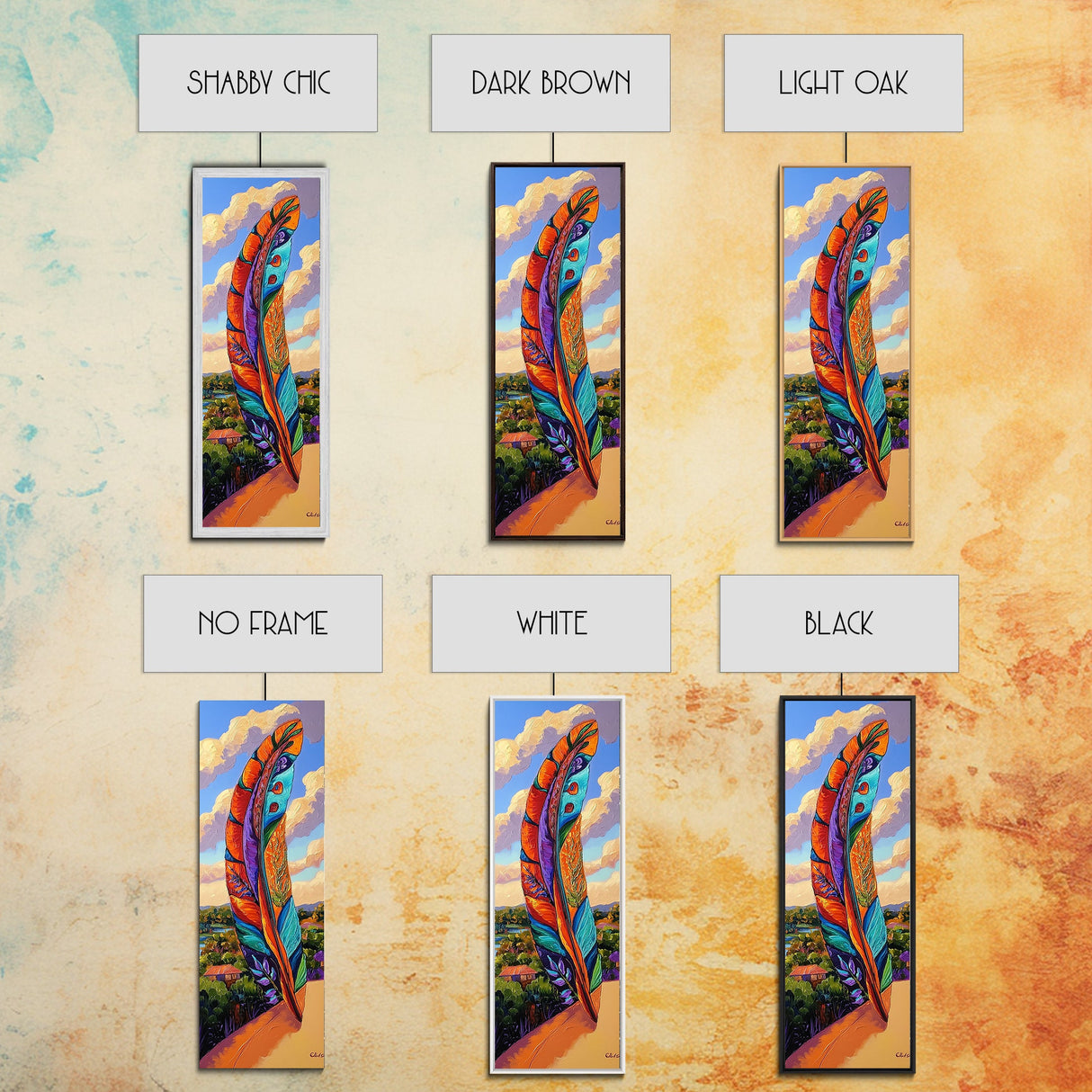 Feather Sky, Tribal Colorful, Bold feather landscape Framed Canvas Print, boho chic wall art, meditation room wall decor