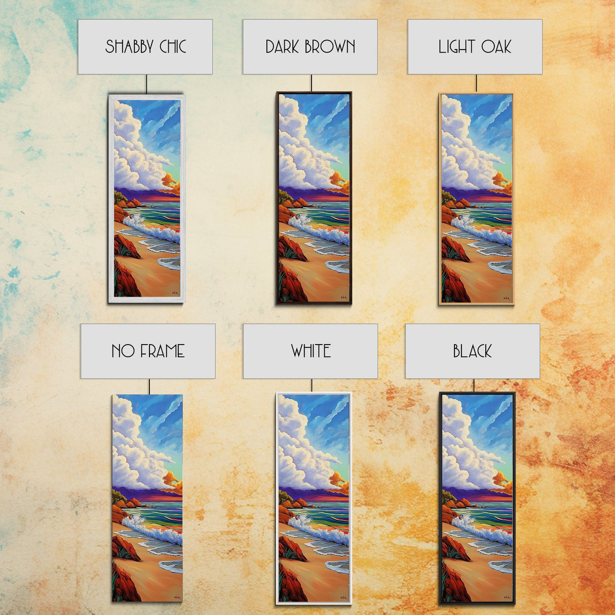 Peaceful Shoreline, Colorful Sunset, Framed Canvas Print ocean waves art, colorful sunset beach painting, vibrant sky seascape, nature art