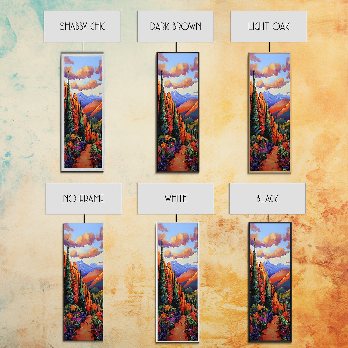 Desert, Mountains, Bold, Colors, Framed Canvas Print with red rock trail, southwest boho decor, hallway art, vibrant mountain landscape