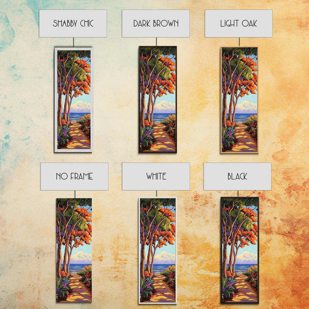 Trees Shoreline,Sunset,Serene — Framed Canvas Print, coastal nature wall art, tropical autumn decor, landscape painting, living room artwork