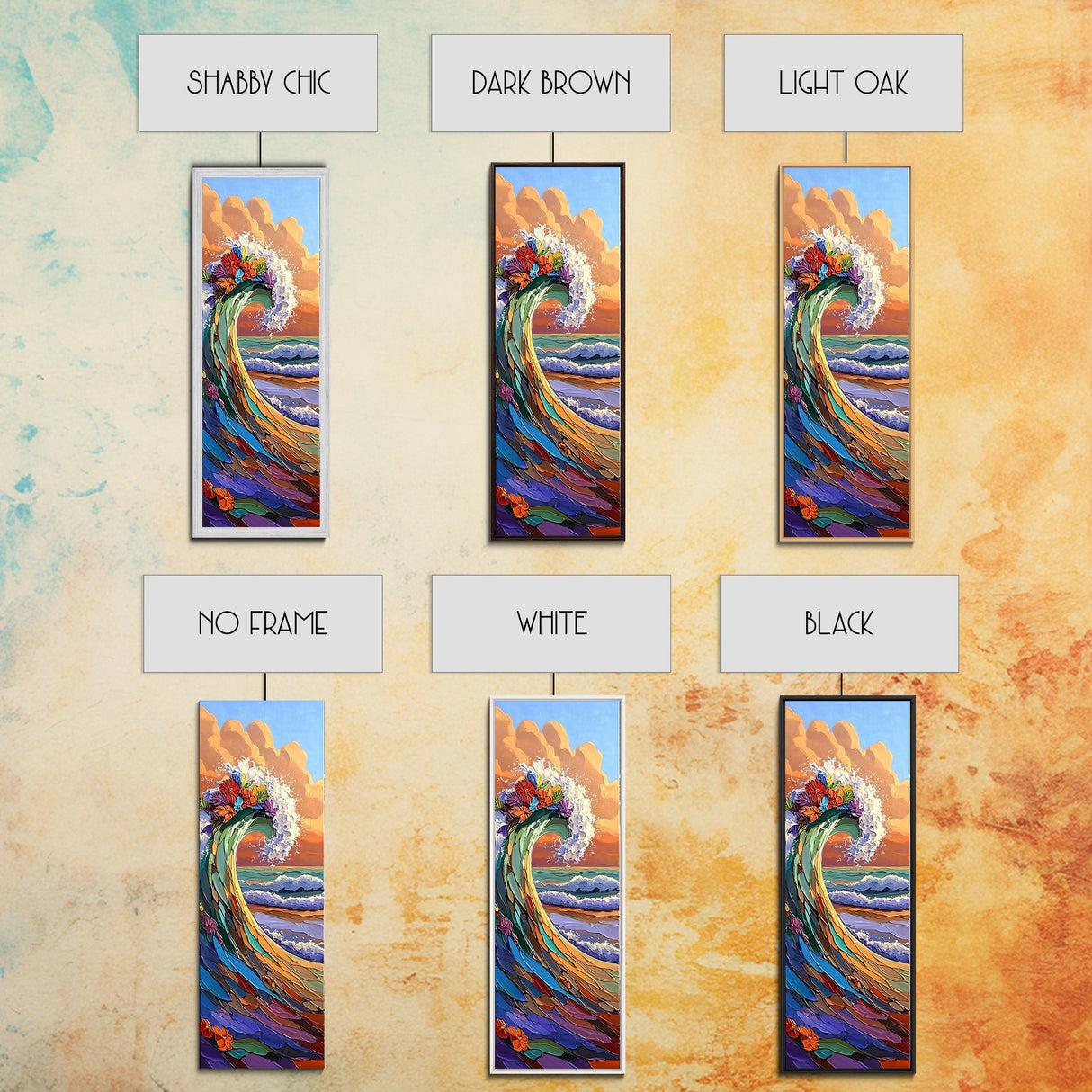 Wave Flowers, Ocean Motion, Canvas Print, Vibrant seascape wall art, tropical wave painting, boho coastal living room decor, sunset surf vibe