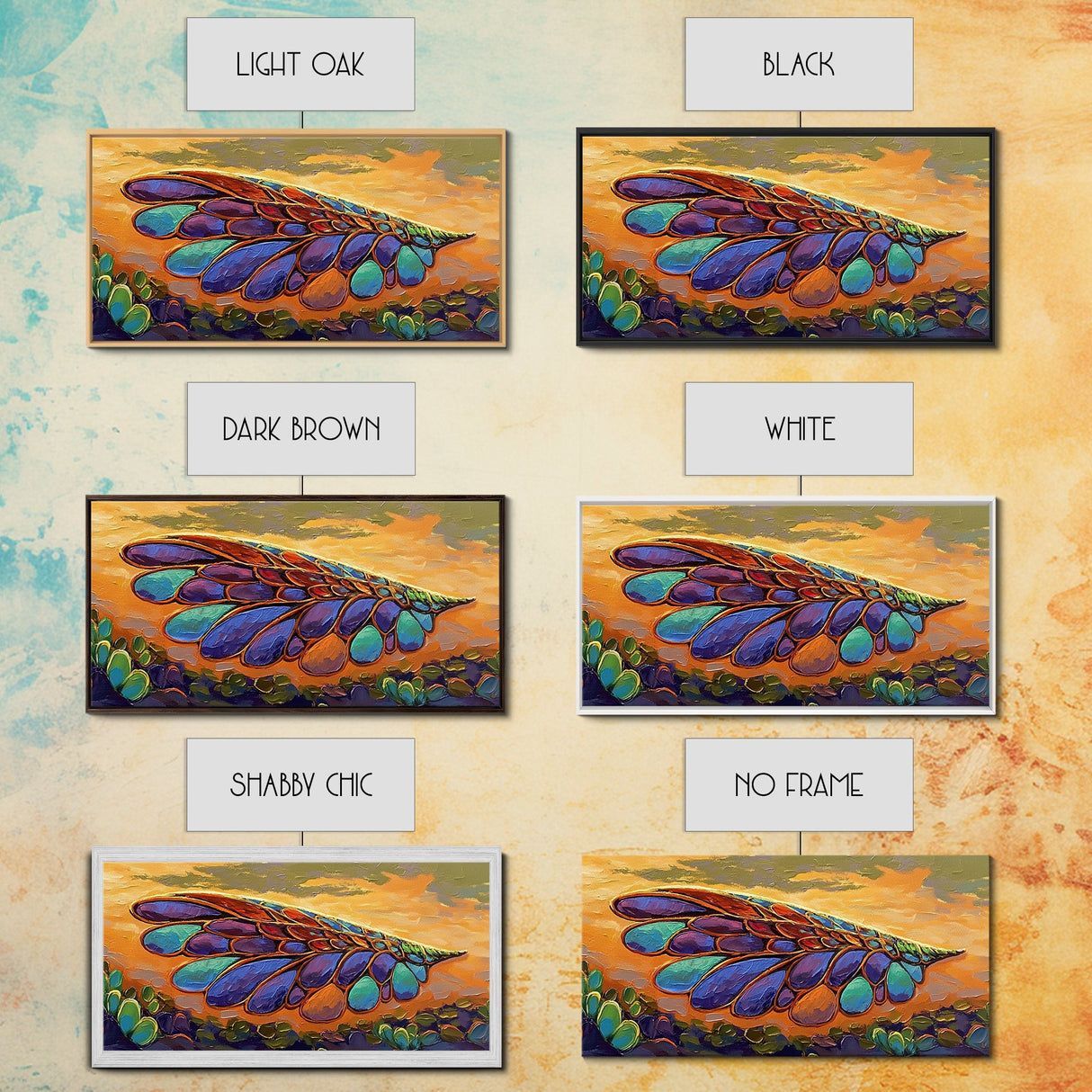 Wings Sunset, Nature, Abstract Boho Wall Art Framed Canvas Print, Colorful Dragonfly Wing Design, Living Room Focal Piece