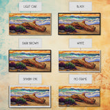 Coastal Driftwood, Waves, Sunset, Framed Canvas Print, ocean beach decor, colorful seascape, tropical wall art, living room wall art