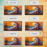 Ocean Wave, Sunset, Lighthouse, Framed Canvas Print vibrant coastal art, whimsical seascape painting, tropical decor, beach wall art
