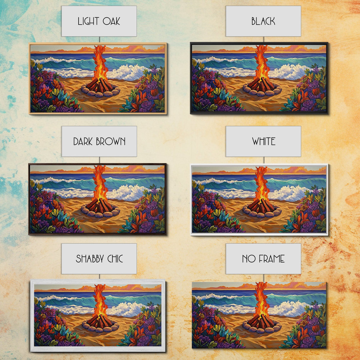 Fire Beach, Ocean, Framed Canvas Print, Sunset Beach Bonfire Painting, Vibrant Coastal Campfire Wall Art, Boho Living Room Decor