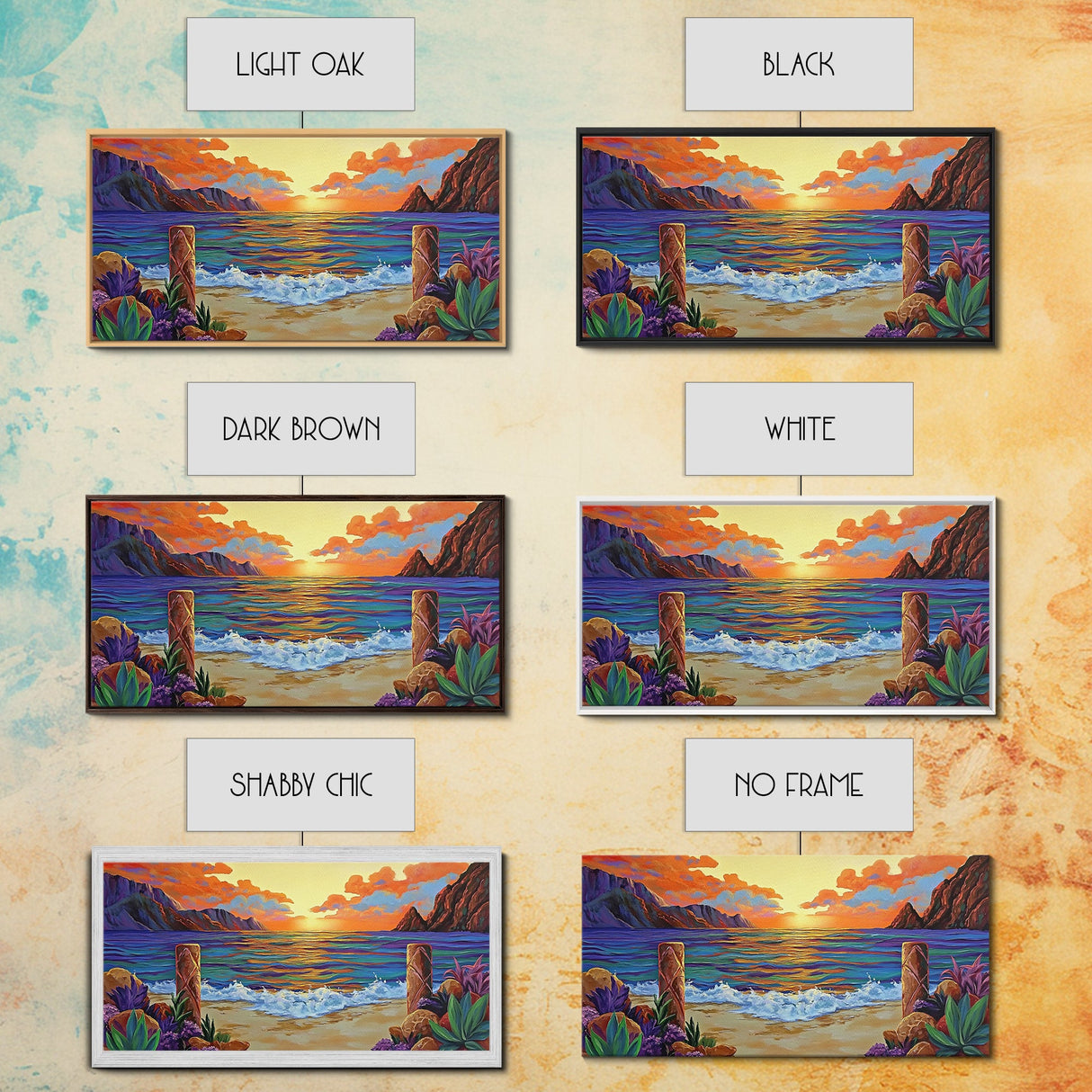 Sunset Beach, Waves, Colorful sunset beach seascape with waves and mountain view, Canvas Print, tropical coastal wall decor