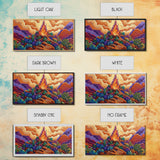 Campfire, Mountains, Glow, Vibrant campfire scene with colorful mountains and plants, Framed Canvas Print, rustic cabin wall art