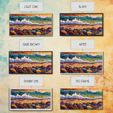 Colorful Ocean, Stones, Framed Canvas Print, Sunset wave beach scene, Living Room Wall Art, coastal decor, boho landscape painting