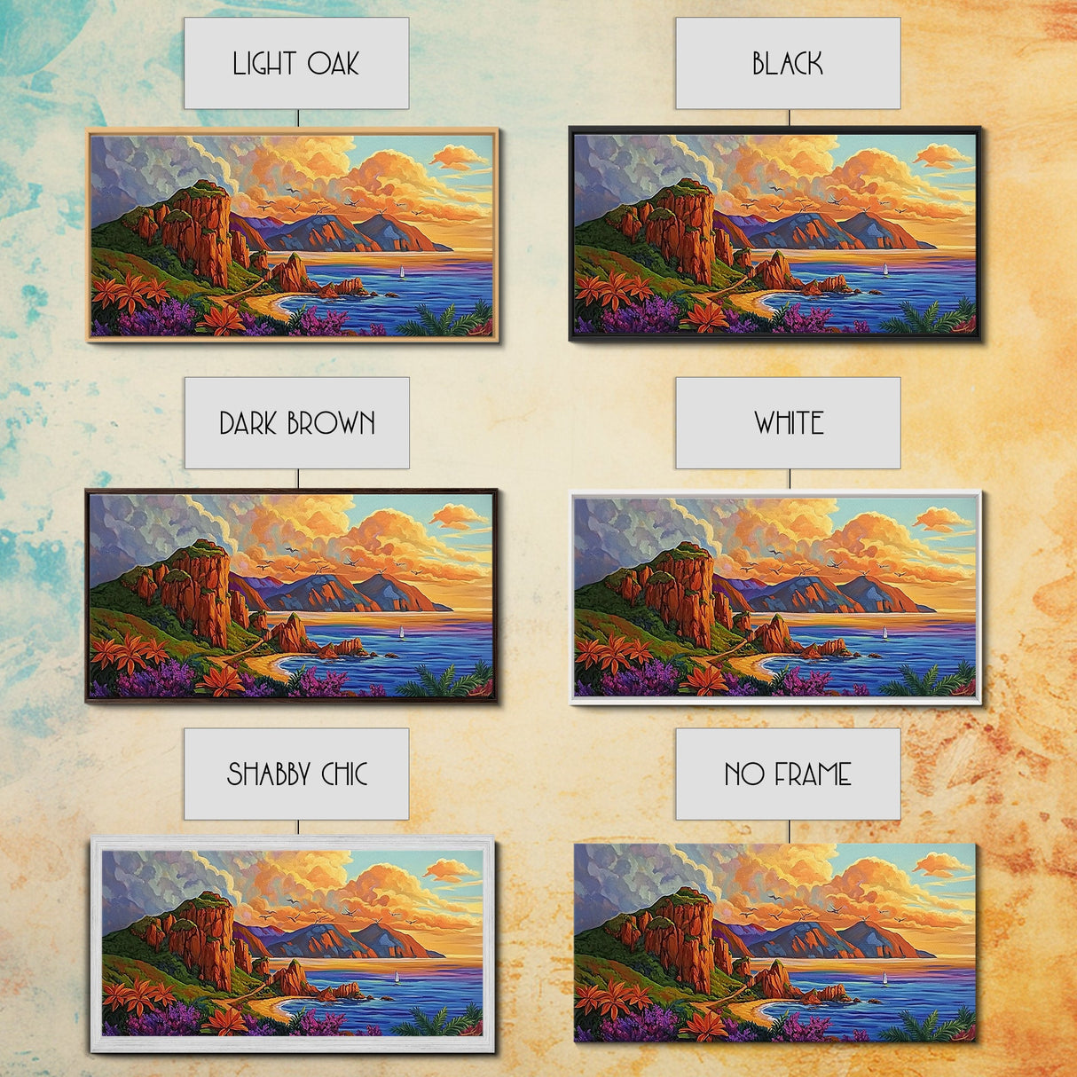 Coastline Mountains, Sunset, Landscape, Framed Canvas Print, Seascape Wall Art, Coastal Decor, Colorful Landscape, Living Room Beach Art