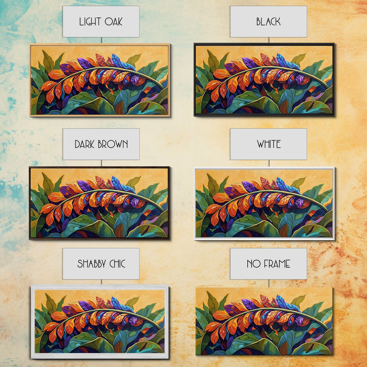 Tropical Leaves, Bright, Fall, Framed Canvas Print, botanical fall wall art, colorful boho tropical leaves painting, kitchen home decor