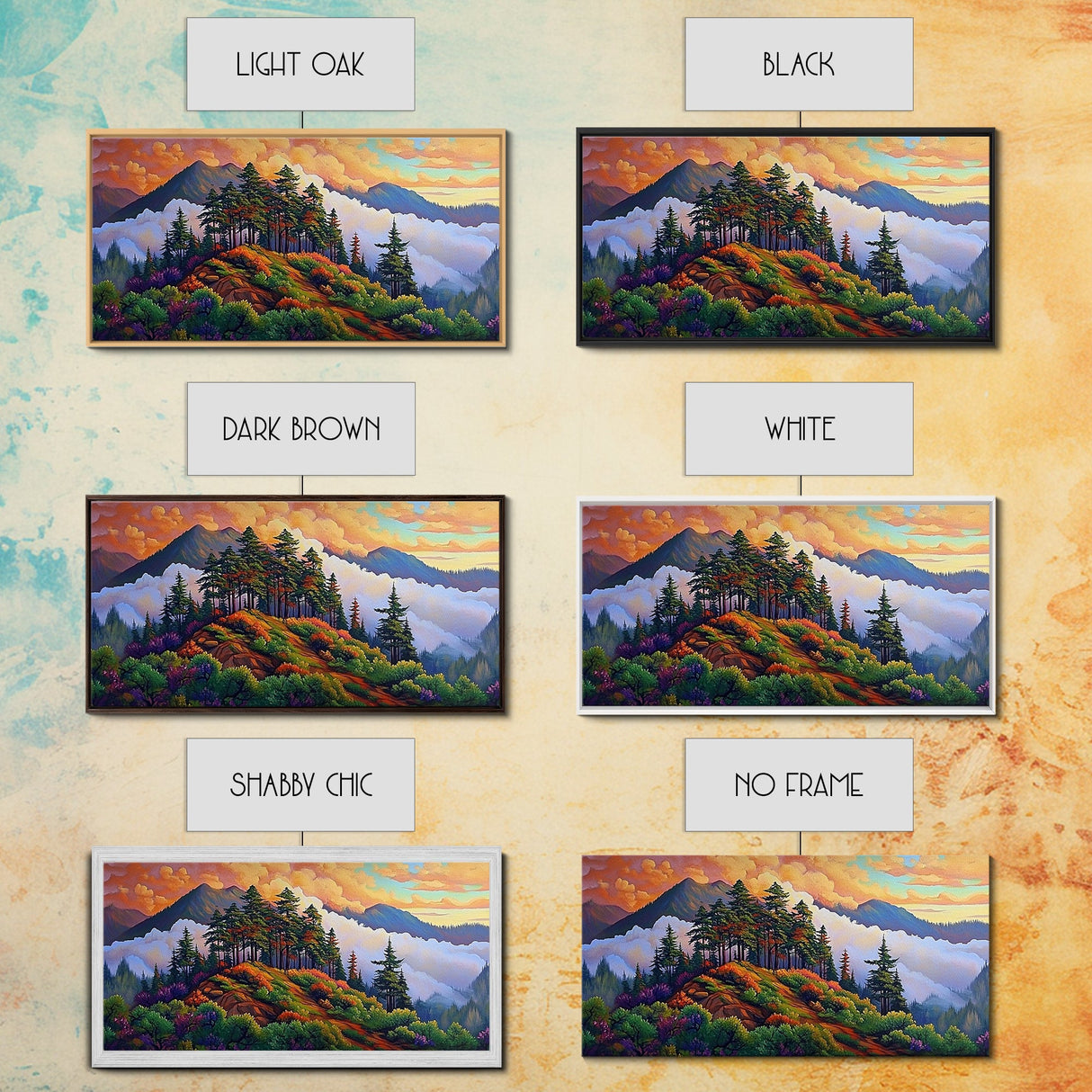Mountain Trees, Sunset Ridge, Cloudy Peaks, Framed Canvas Print, Nature Inspired Wall Art, Autumn Living Room or Office Decor