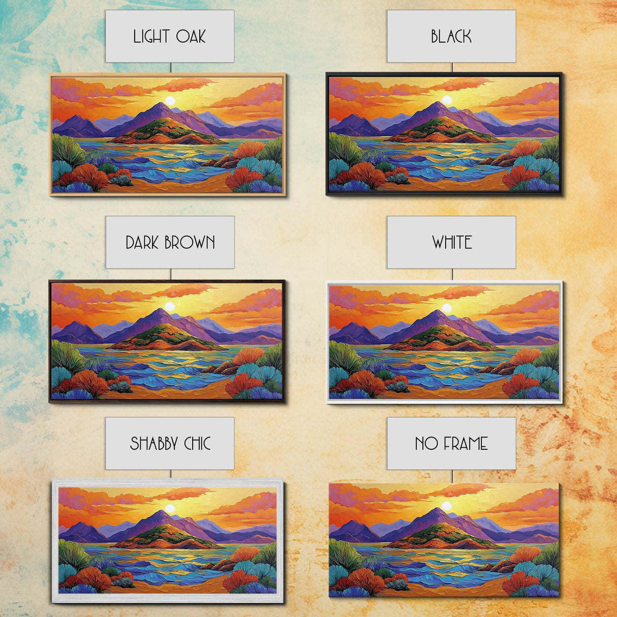 Island Sunset, Mountain Horizon, Ocean Glow, Framed Canvas Print, Bold Wall Art, Bedroom or Office Decor, Tropical Paradise Painting