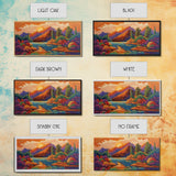 Sunset Lake, Autumn Trees, Mountain Reflections, Framed Canvas Print, Cozy Fall Wall Art, Bedroom Decor, Warm Landscape Painting