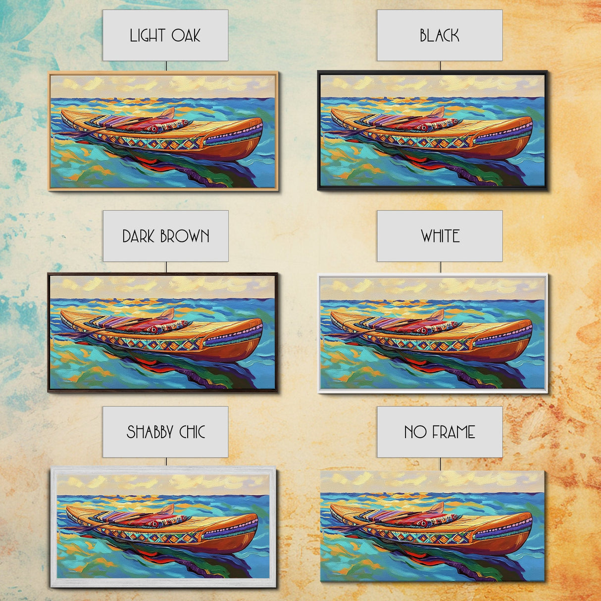 Canoe Water, Colorful, Tribal, Canvas Print, boho kayak art, nautical decor, beach house wall art, rustic folk painting, summer vibe