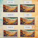 Coastal Shoreline, Footprints, Framed Canvas Print, Coastal beach waves and footprints art with colorful rocks, Bathroom Wall Art