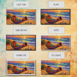 Horn Sand, Sunset, Shore, Framed Canvas Print boho beach decor, living room Mexican art, coastal horn painting, rustic folk art