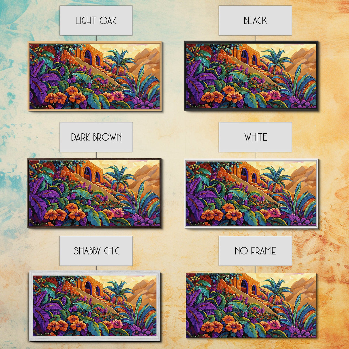 Jungle, Flowers, Adobe, Hillside, Framed Canvas Print tropical wall art, vibrant living room decor, boho jungle scene painting