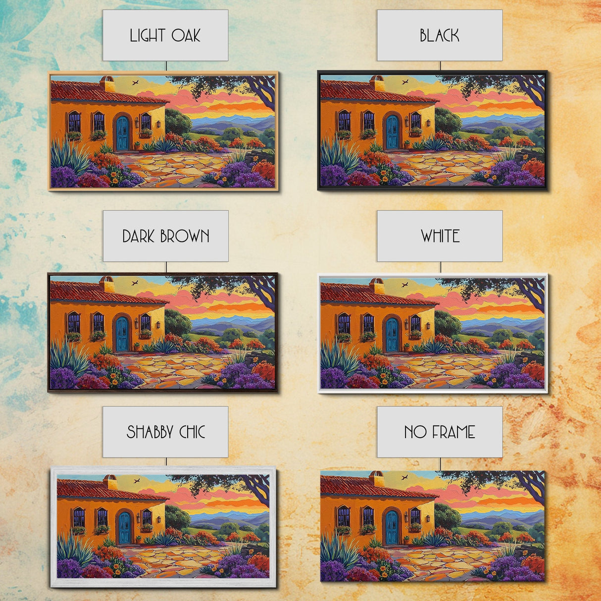 House Sunset, Garden, Southwest, Framed Canvas Print warm adobe home wall art, colorful southwestern sunset print, cozy kitchen decor