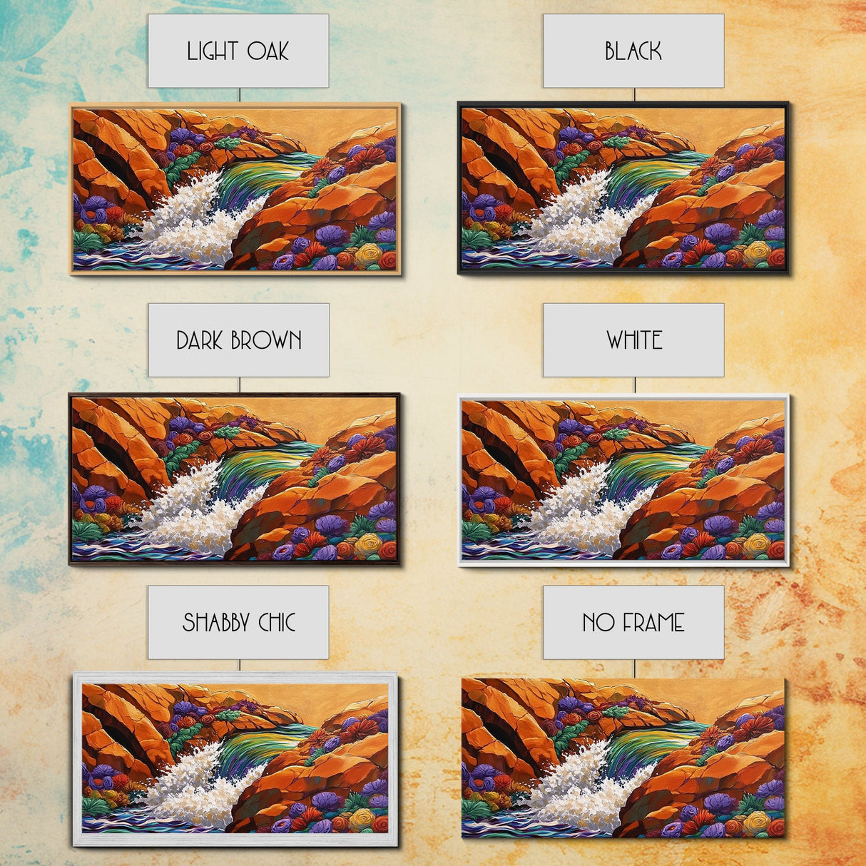 Waterfall Rocks, Flowers, Canvas Print, Colorful Nature Wall Art, Boho Earthy Decor, Vibrant Living Room Accent, Abstract Landscape Art