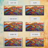Wildflower Mountain, Sunrise, Hillside, Framed Canvas Print Bold desert landscape, colorful botanical art, boho Fall bedroom decor
