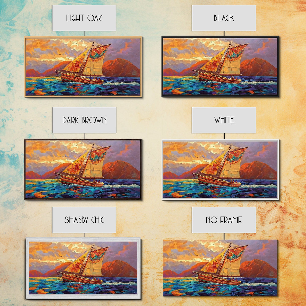 Sailboat Sunset, Ocean, Adventure, Framed Canvas Print Nautical coastal wall art, colorful seascape, bold living room decor