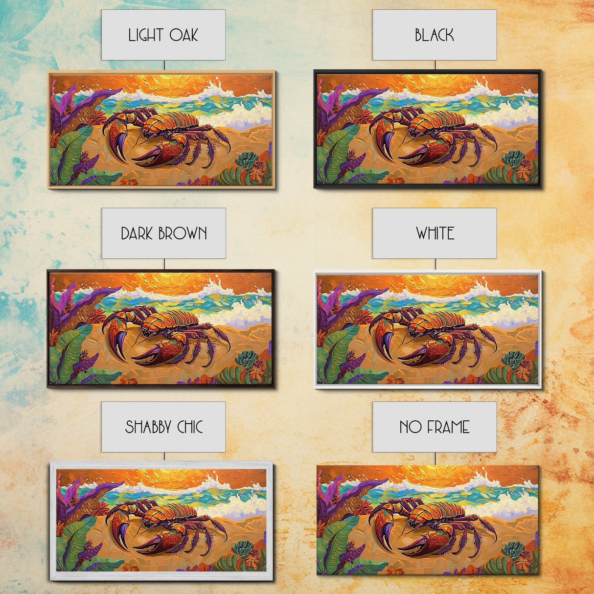 Lobster Beach, Vibrant, Framed Canvas Print, Nautical Coastal Art, Living Room Wall Decor, Tropical Lobster Painting, Bold Ocean Art