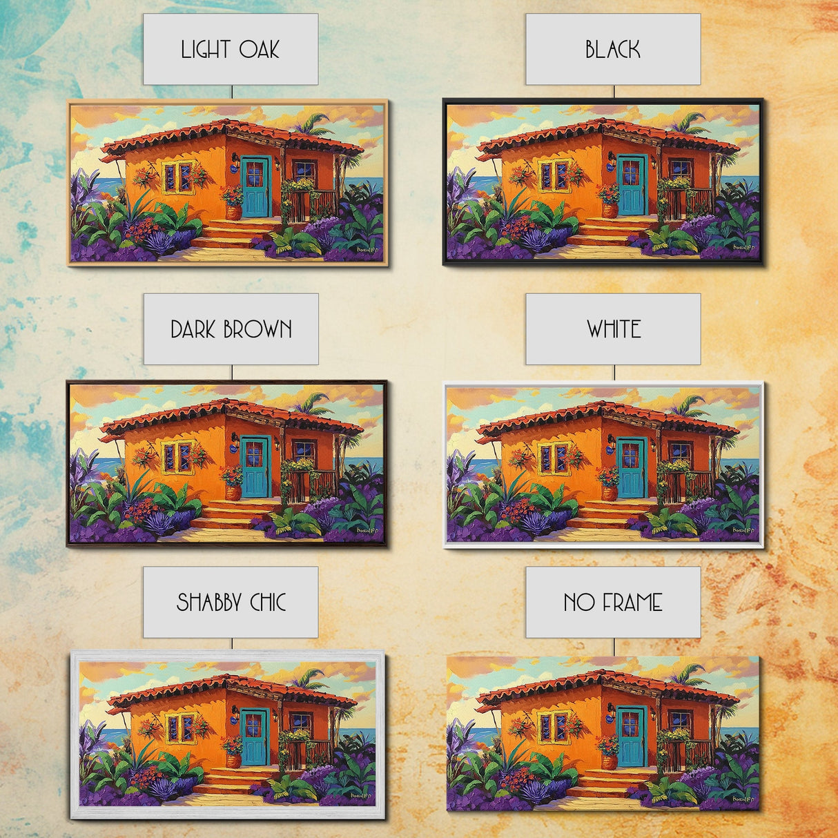 Casita Tropical, Sunset, Garden, Framed Canvas Print, Mexican villa painting, rustic kitchen decor, vibrant coastal house wall art