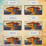 Casita Tropical, Sunset, Garden, Framed Canvas Print, Mexican villa painting, rustic kitchen decor, vibrant coastal house wall art