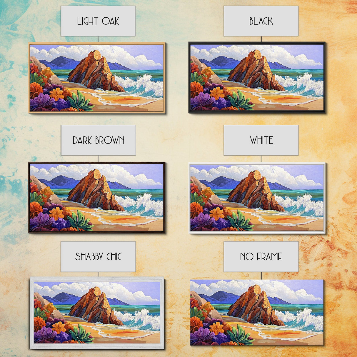 Rocks Beach, Flowers, Ocean, Framed Canvas Print, colorful tropical seascape, modern coastal wall art, bright nature themed decor