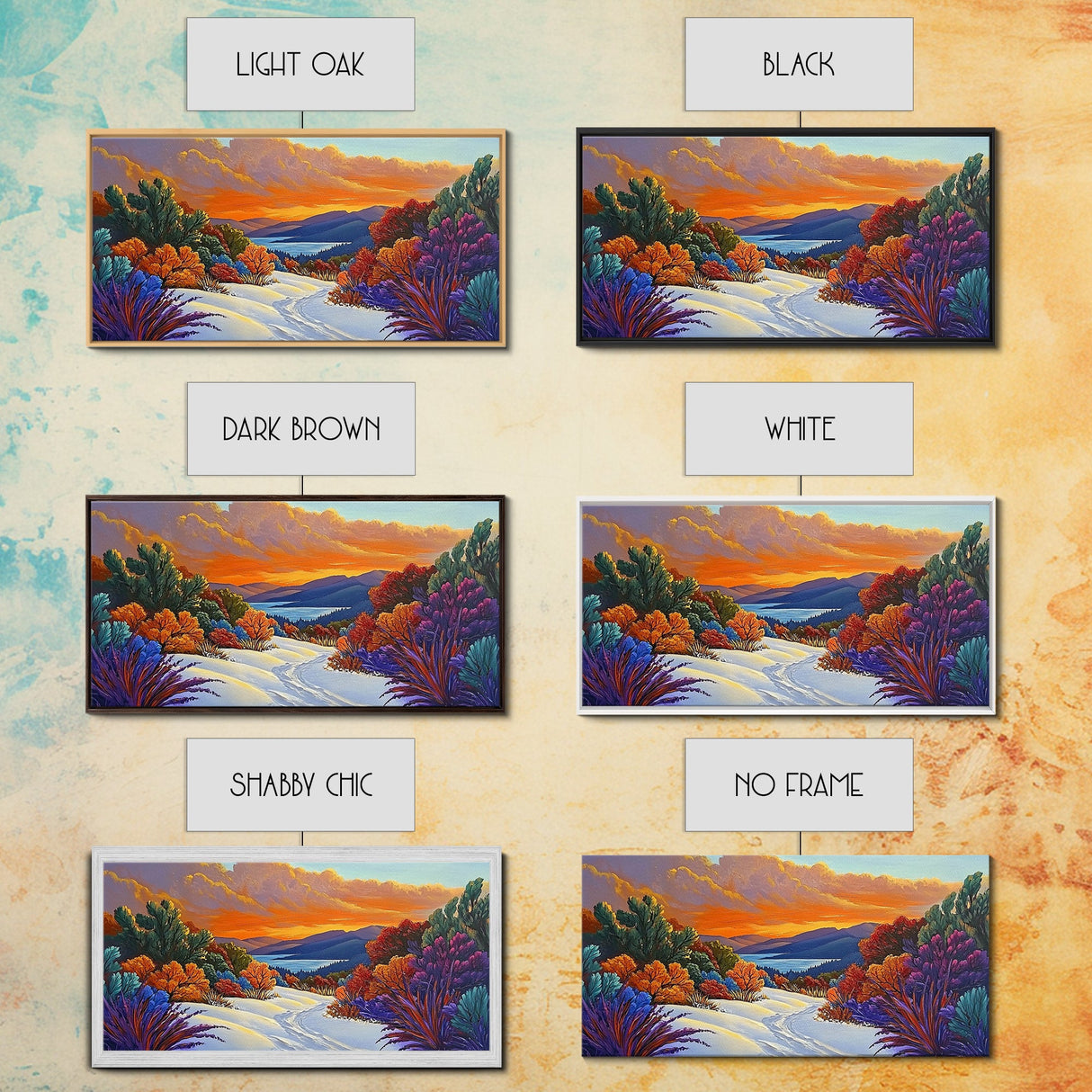 Winter Sunset, Lake, Trees, Framed Canvas Print, Autumn cabin wall art, colorful landscape living room decor, mountain snow painting