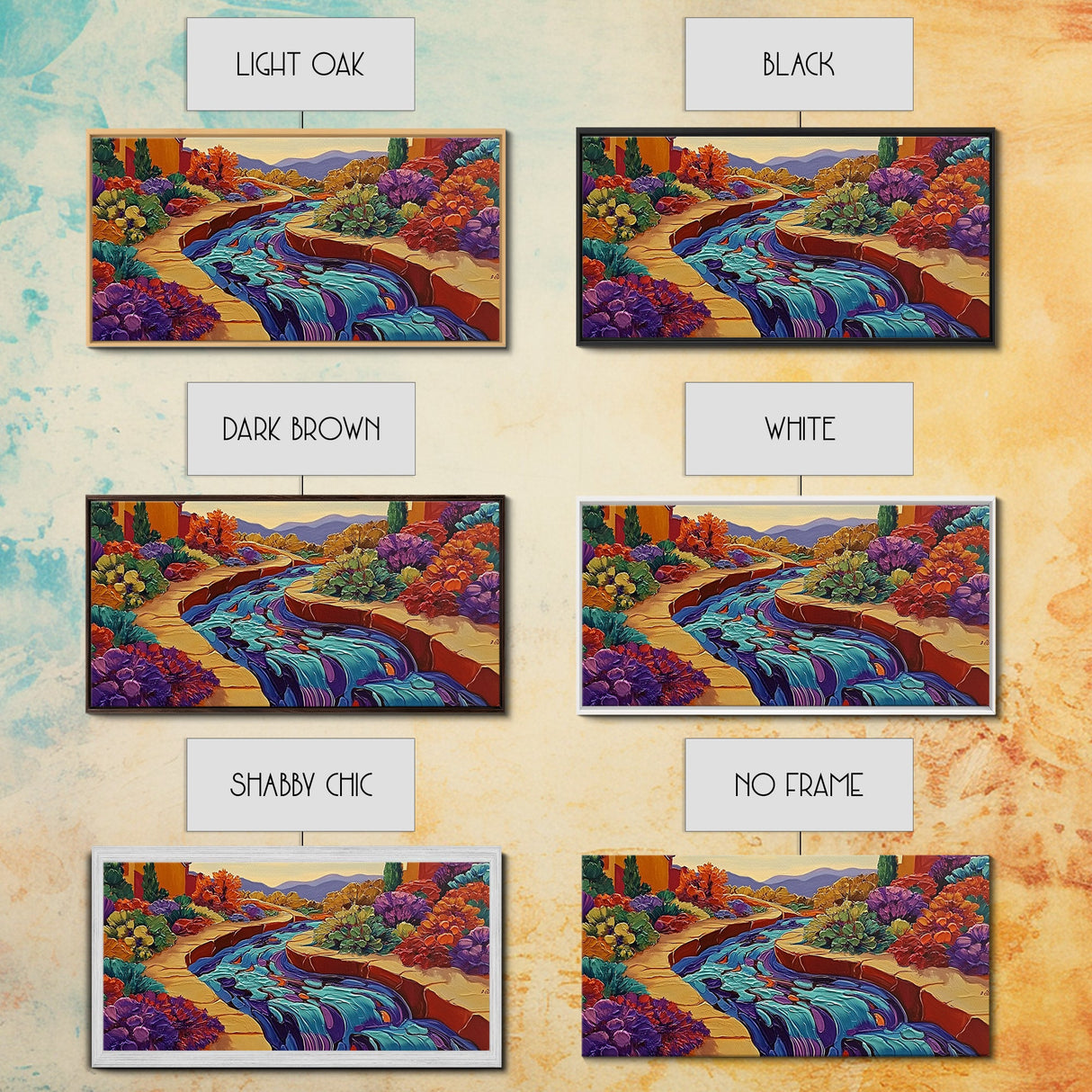Stream Garden, Colorful, Path, Framed Canvas Print, Southwestern landscape art, bright garden painting, hallway decor, fall home vibe