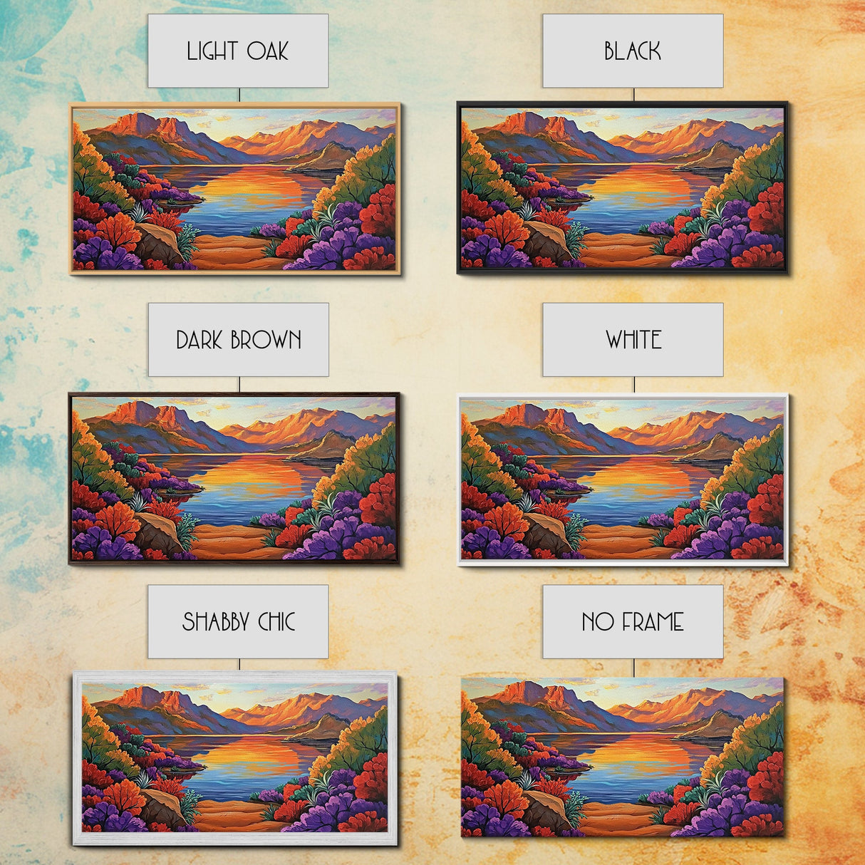 Lake Sunset, Desert, Mountains, Framed Canvas Print, colorful landscape wall decor, boho living room art, nature lovers gift