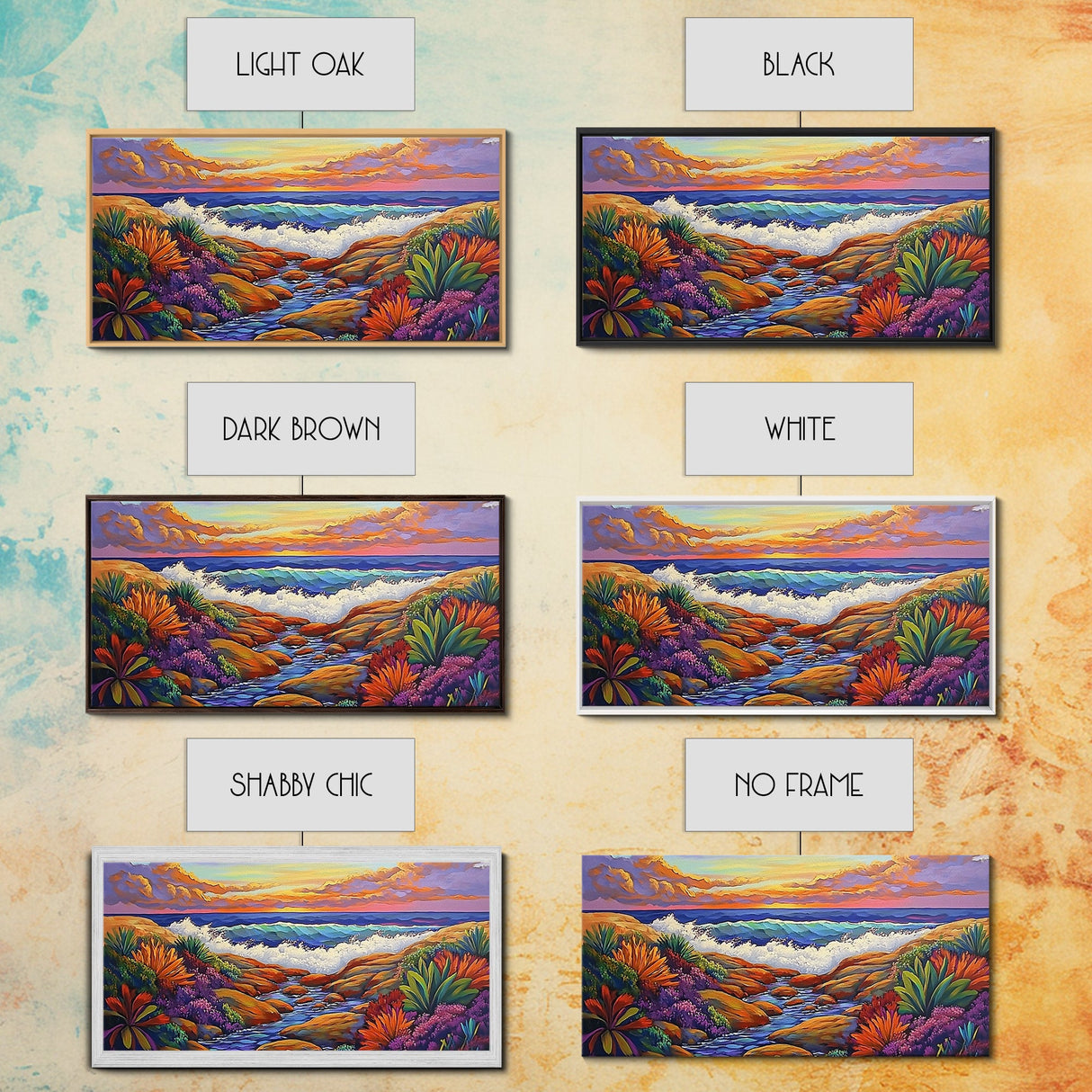Sunset Ocean, Garden, View, Framed Canvas Print, coastal sunset wall art, tropical flowers, beach décor, boho landscape, living room