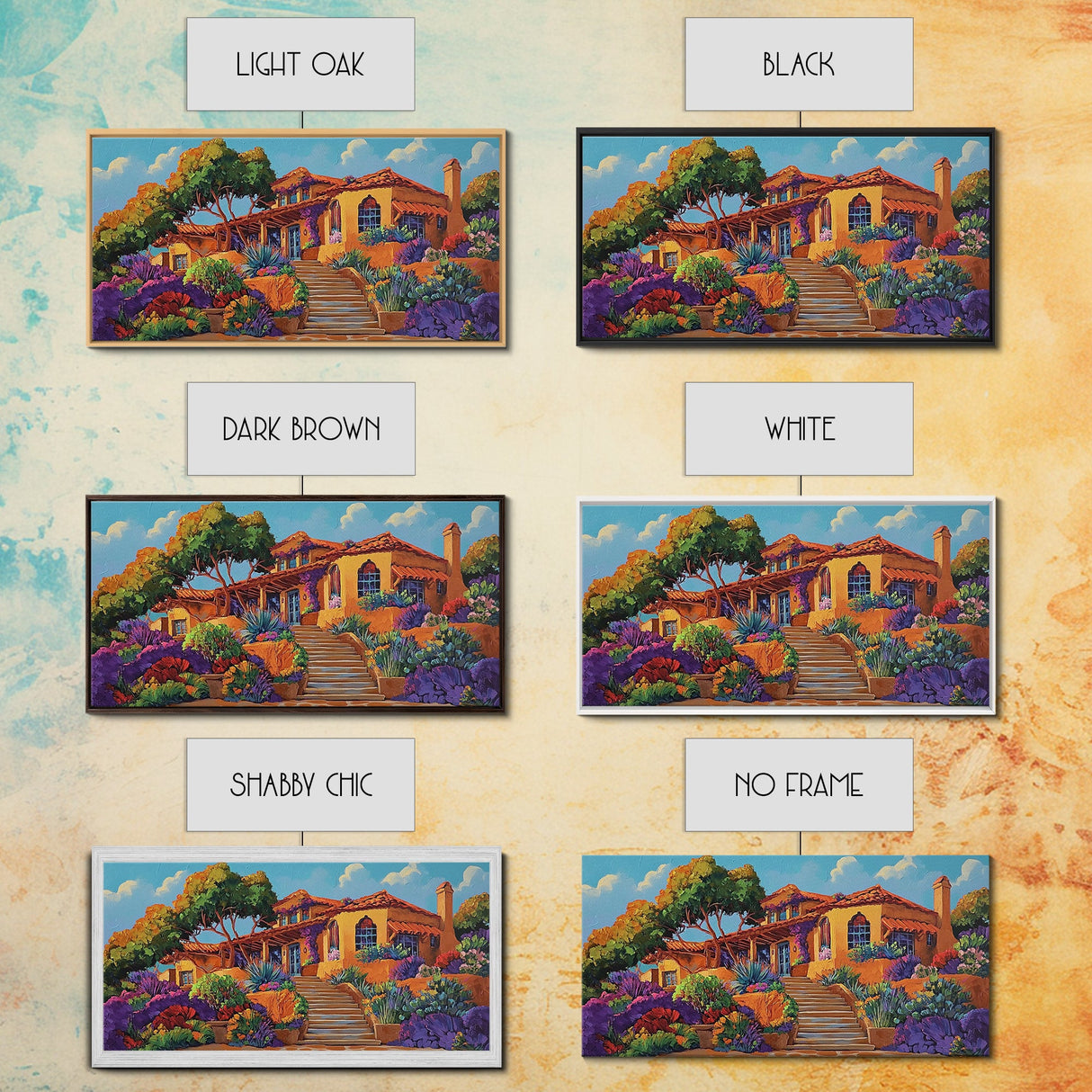 Villa Garden, Adobe, Colorful, Framed Canvas Print, vibrant Mexican villa wall art, blooming flowers, southwestern kitchen décor