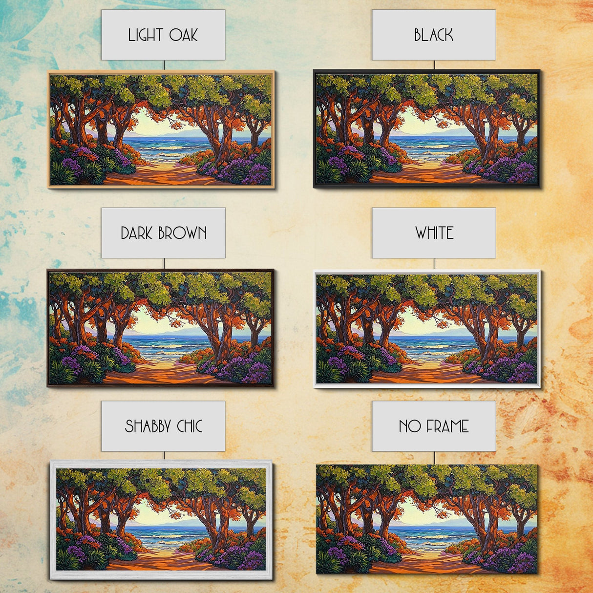 Beach Trees, Tunnel, Ocean, Sunset beach tunnel view, Framed Canvas Print, Coastal Boho Decor, Romantic Seaside Wall Art