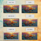 Bottle Ocean, Sunset, Flowers, Framed Canvas Print tropical beach bathroom decor, coastal boho wall art, floral message bottle painting
