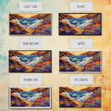 Ocean Sunset, Wave Splash, Framed Canvas Print, colorful crashing waves, rocky coast wall decor, Beach House Wall painting