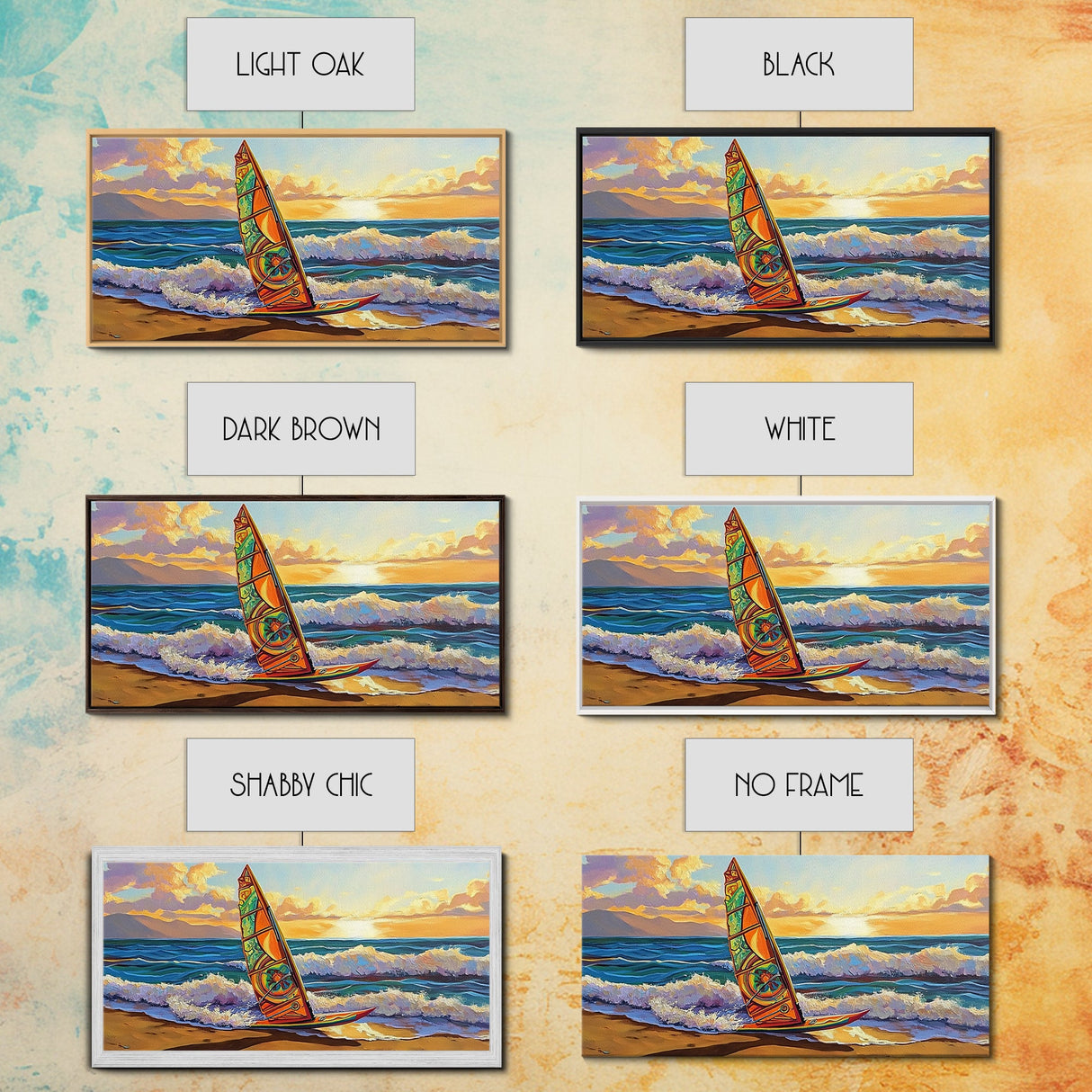 Windsurf Sunset, Beach Scene, Canvas Print, colorful surfboard at sea painting, coastal adventure, Bedroom Wall Art, surfer boho art