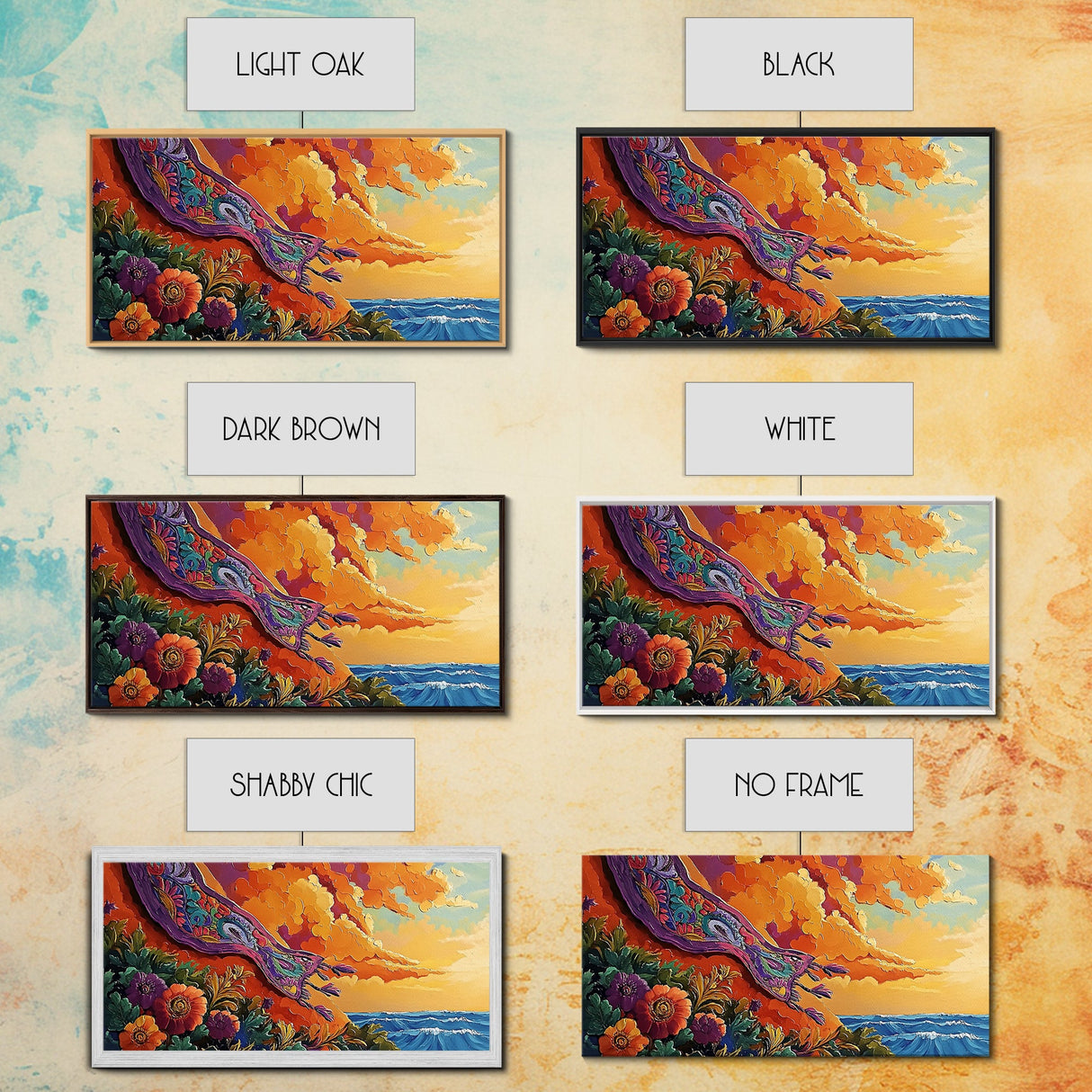 Sunset Coast, Rug, Framed Canvas Print, Sunset Beach Art, Magic Carpet Illustration, Vibrant Coastal Decor, Dreamy Bedroom Art