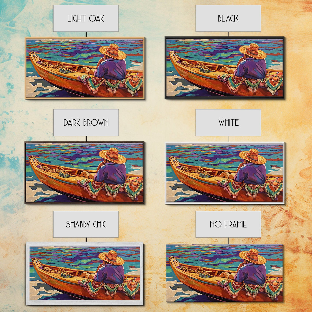 Boat Fisherman, Serene, Waters, Canvas Print colorful coastal life art Office Wall Art tropical ocean boho decor relaxed living