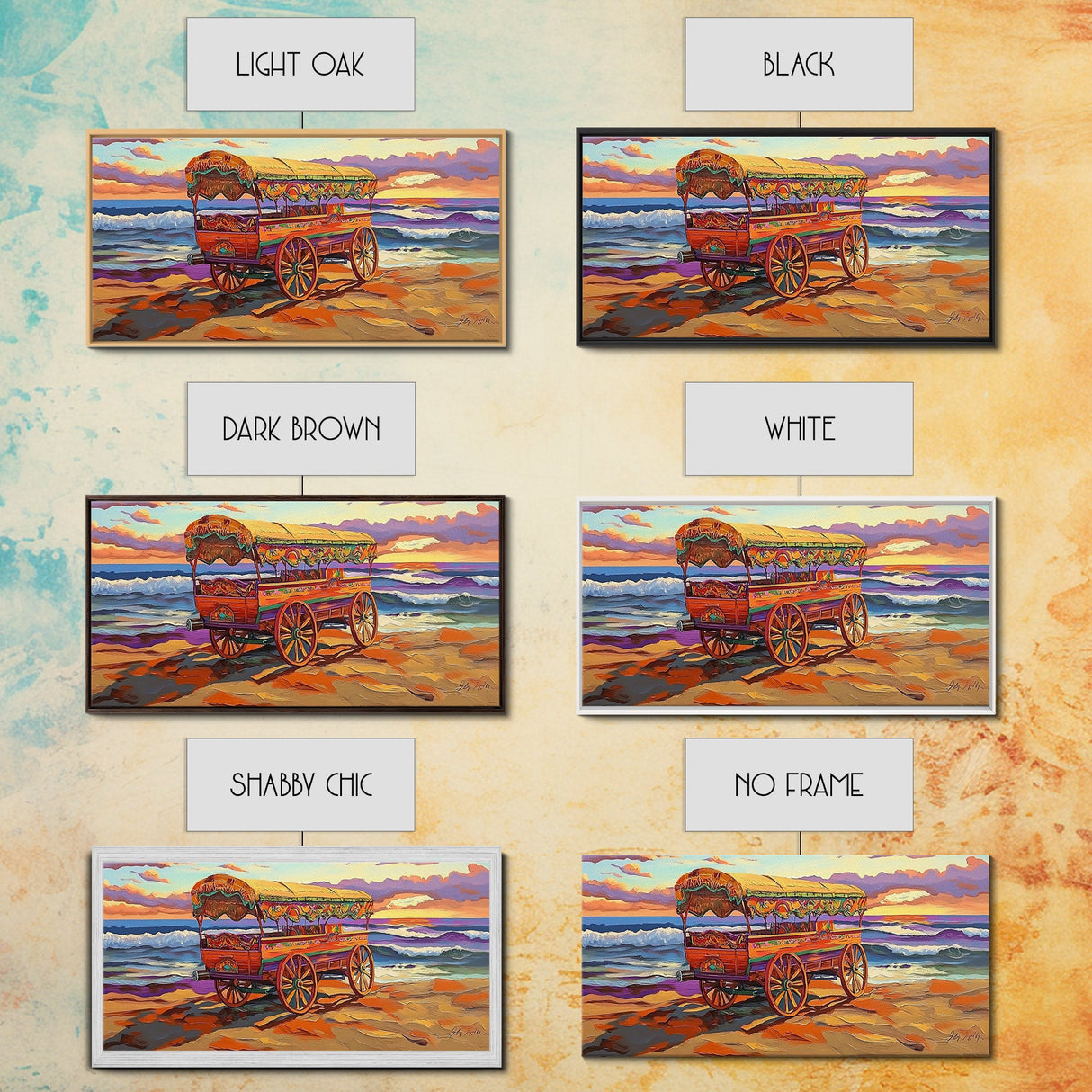 Sunset Beach, Wagon, Vibes, Coastal boho decor, colorful ocean art, Canvas Print, beach house wall art, living room sunset painting