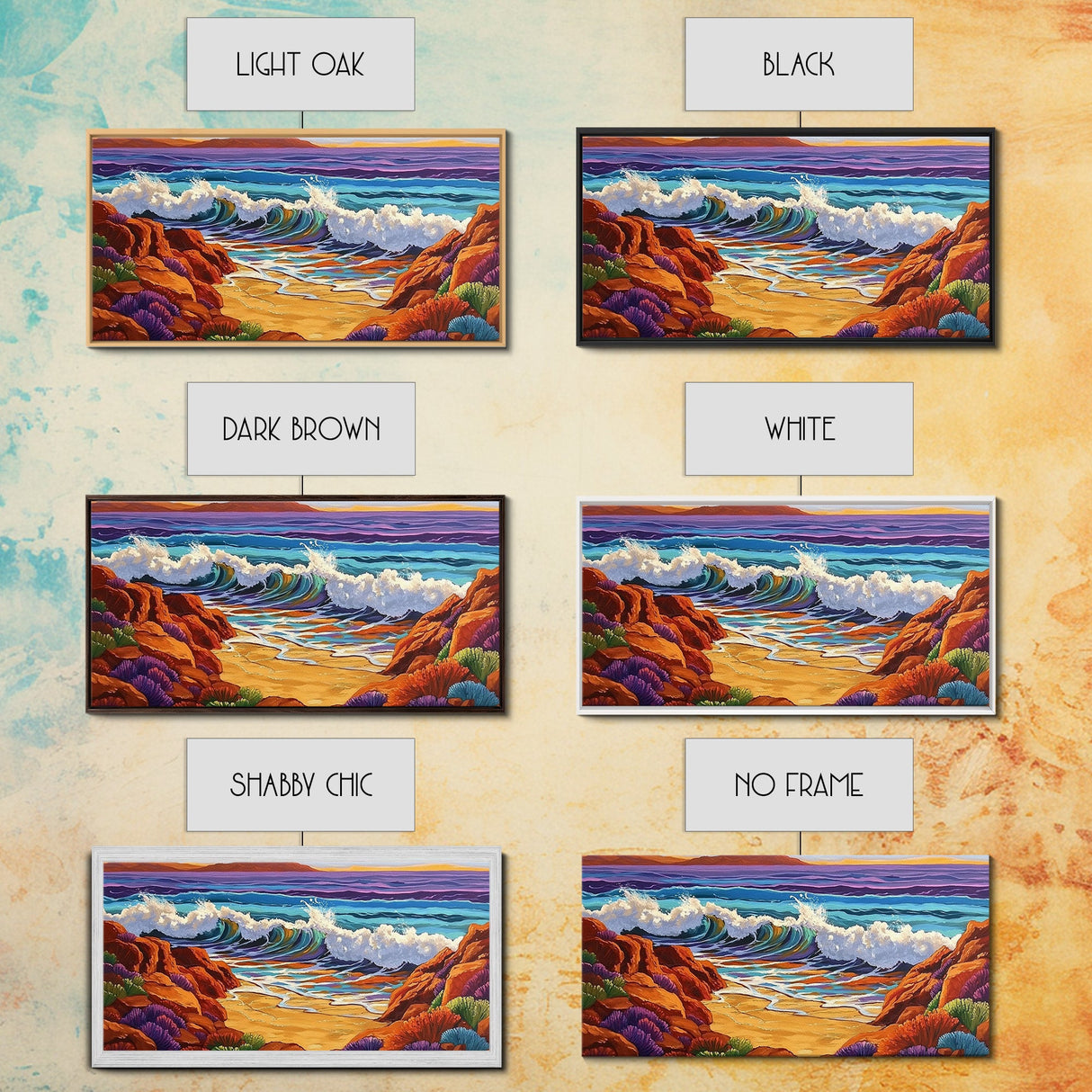 Surf Shoreline, Rocks, Sunset, Vibrant coastal Canvas Print, wave crashing beach art, living room ocean scene, colorful boho seascape
